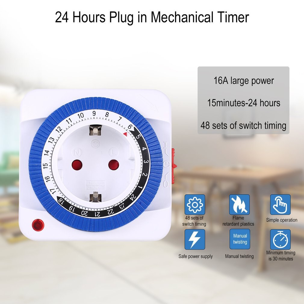 24 Hours Plug In Mechanical Grounded Programmable Timer Switch Smart Countdown Switch Socket Indoor Auto Power Off 230V