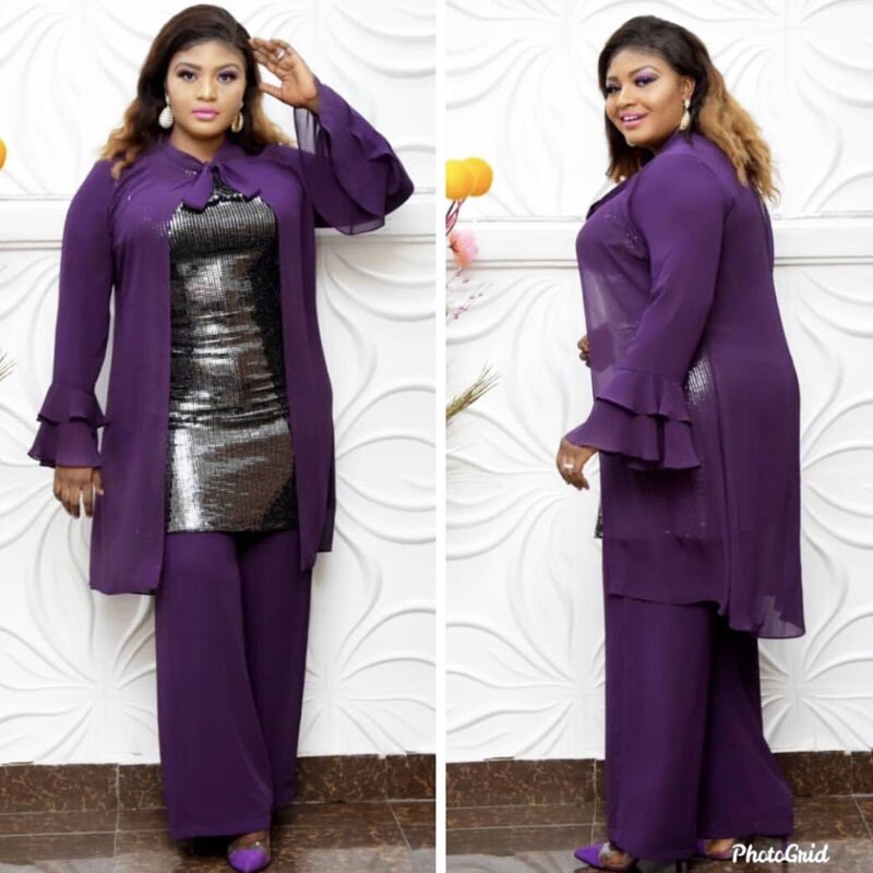 2 Piece Sets African Sets For Women Sequined African Elastic Bazin Baggy Pants Rock Style Dashiki Long Sleeve Famous Suit Lady: PURPLE / L