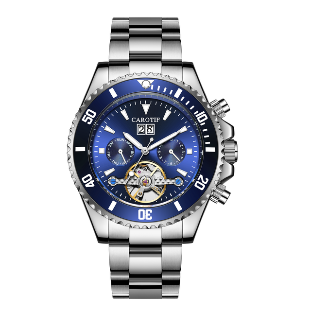 Carotif Mannen Uur Business Mechanische Waterdichte Automatische Horloge Skeleton Mode Kalender Week Dispaly Man Horloges: sea blue