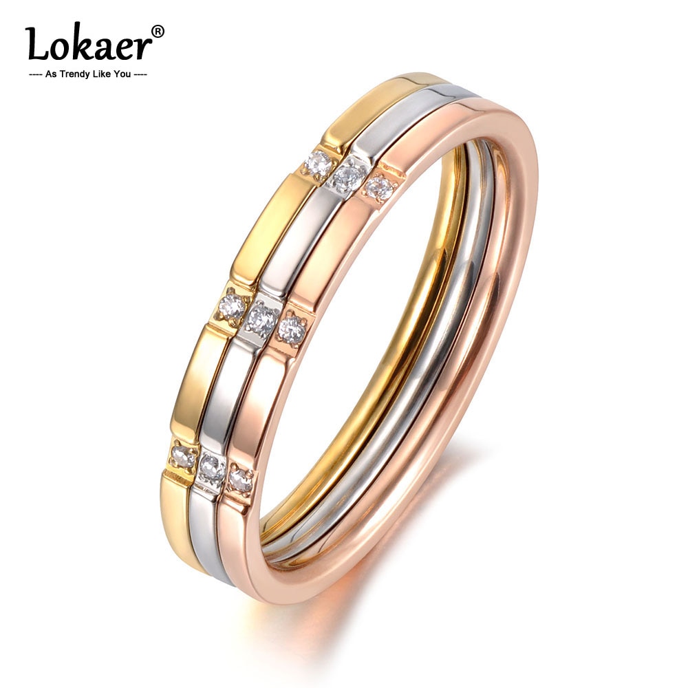 Lokaer modisch 3 in 1 Bunte Gold Mosaik CZ Kristall Ringe Schmuck Titan Stahl Hochzeit Engagement Ring Für Frauen Mädchen r19055