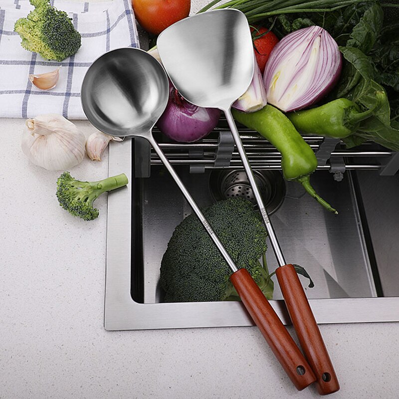 Stor lang spatel skovl kok madlavning cocina køkkenredskaber køkkenredskab træhåndtag rustfrit stål vender suppe ske wok
