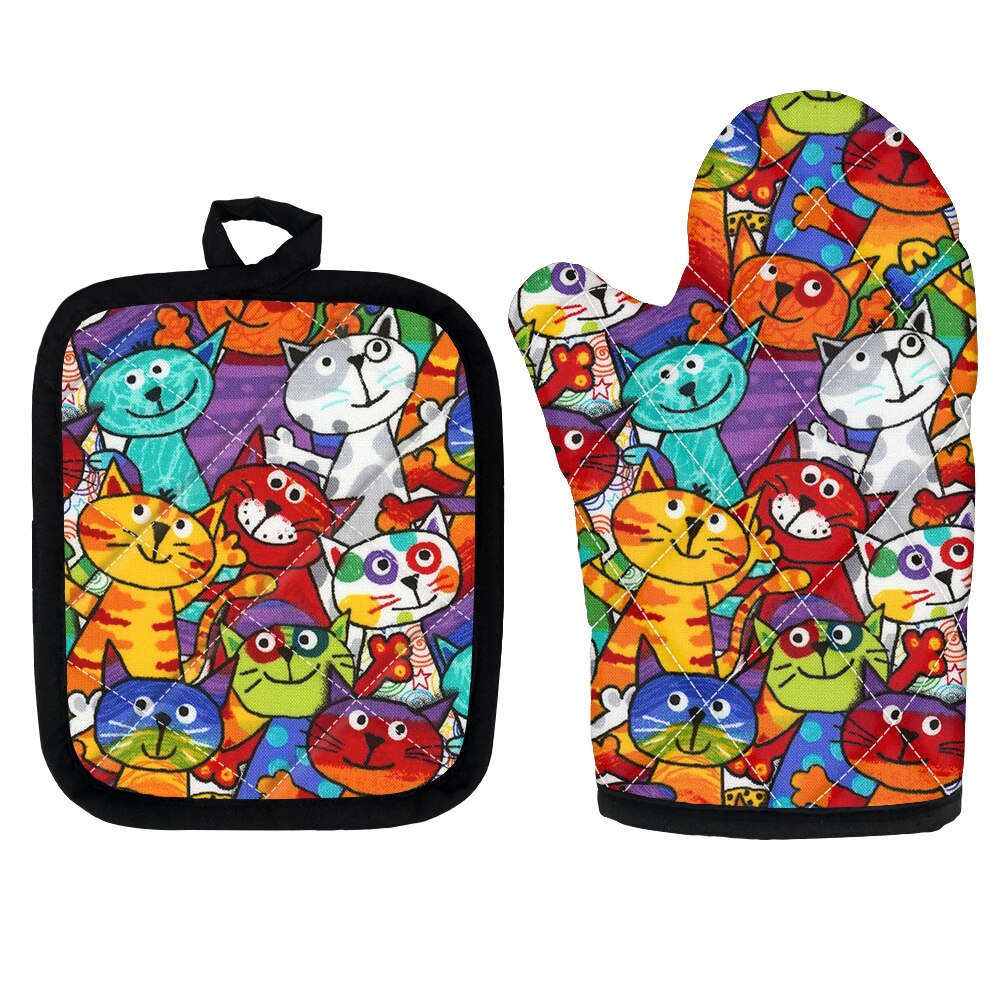 High Heat Protect Gloves Cute Cartoon Cat Print Polyester Microwave Oven BBQ Mitt Potholder Kitchen Mittens and Pad for Cooking: Z4863D19