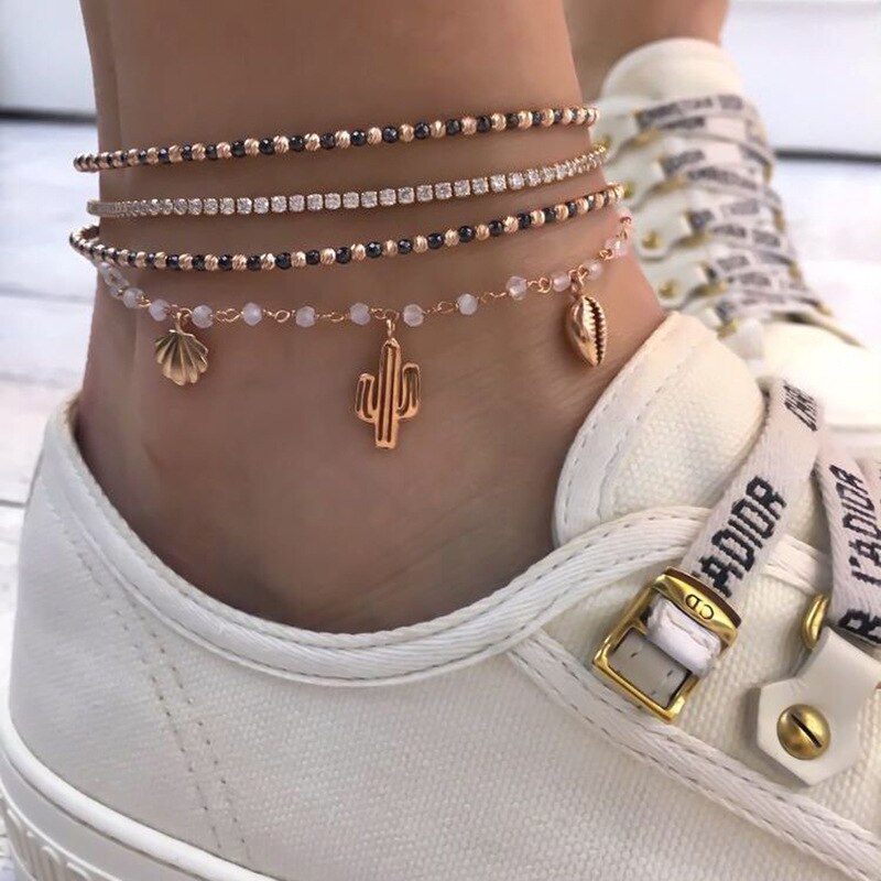 Bohemian Multilayer Tassel Anklets For Women Pearl Beads Dolphin Evil Eye Cactus Shell Pendant Ankle Bracelet Foot Chain Jewelry: 8