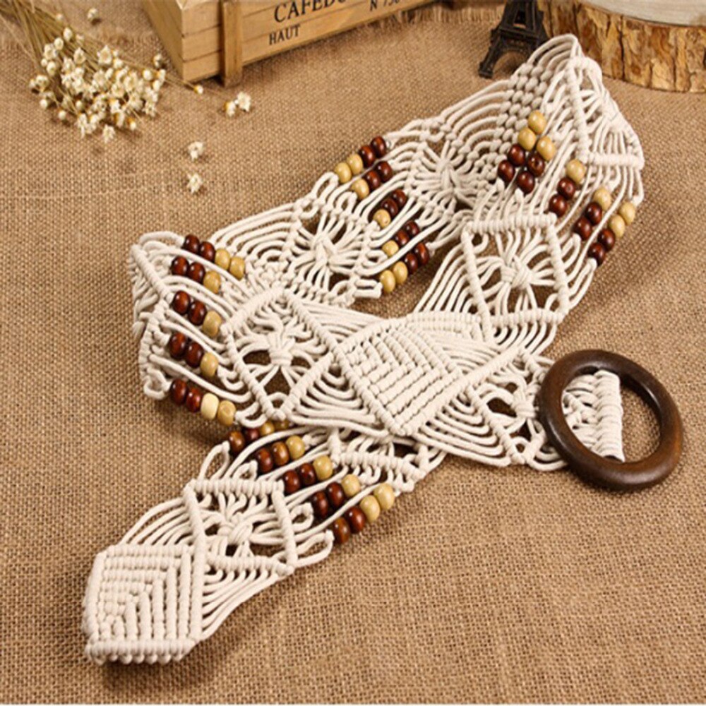 Brand Bohemian style belts for women ladies wooden bead Braided wide knitted belts for female dress