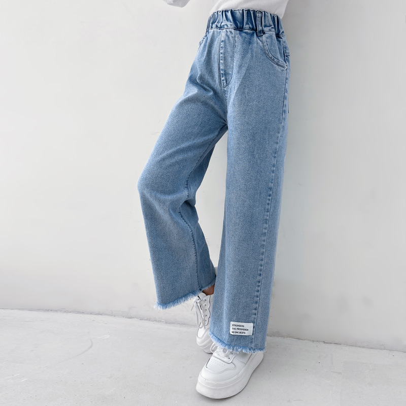 Pantalones vaqueros de pierna ancha para niñas, Jeans rectos de algodón con borlas, holgados, ropa de para Niñas Grandes, 2022