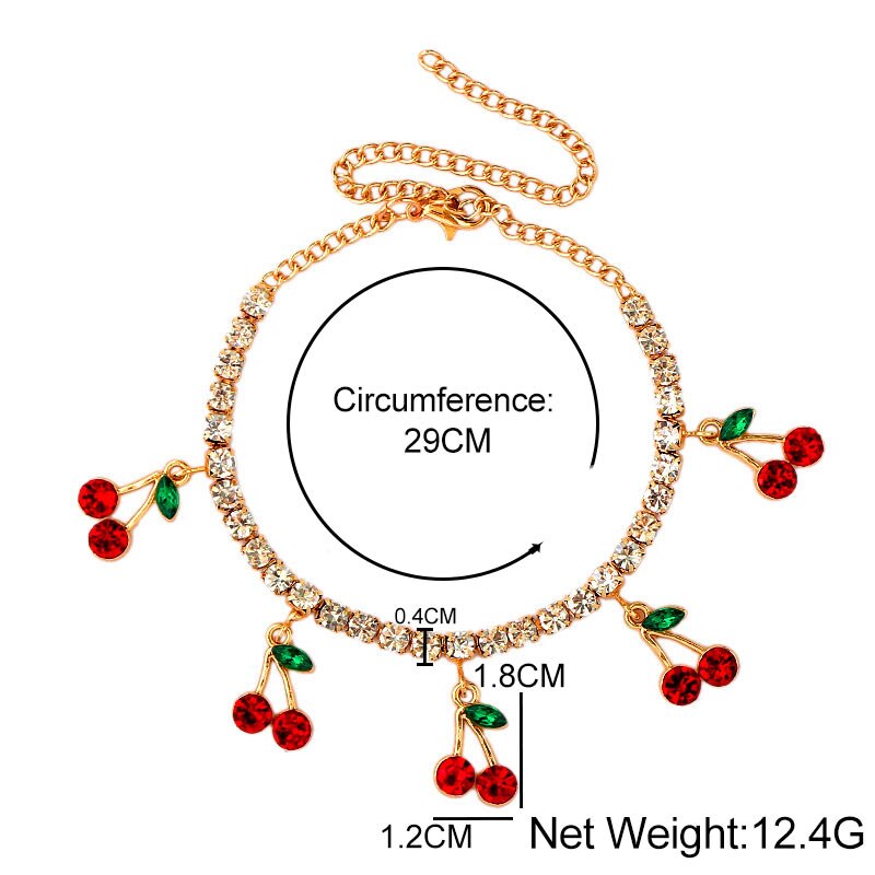 BYNOUCK di Modo Brillante Da tennis Catena del Calzino Del Braccialetto per Le Donne di Cristallo Rosso Ciliegia Del Pendente Della Decorazione di Strass Catena Cavigliere