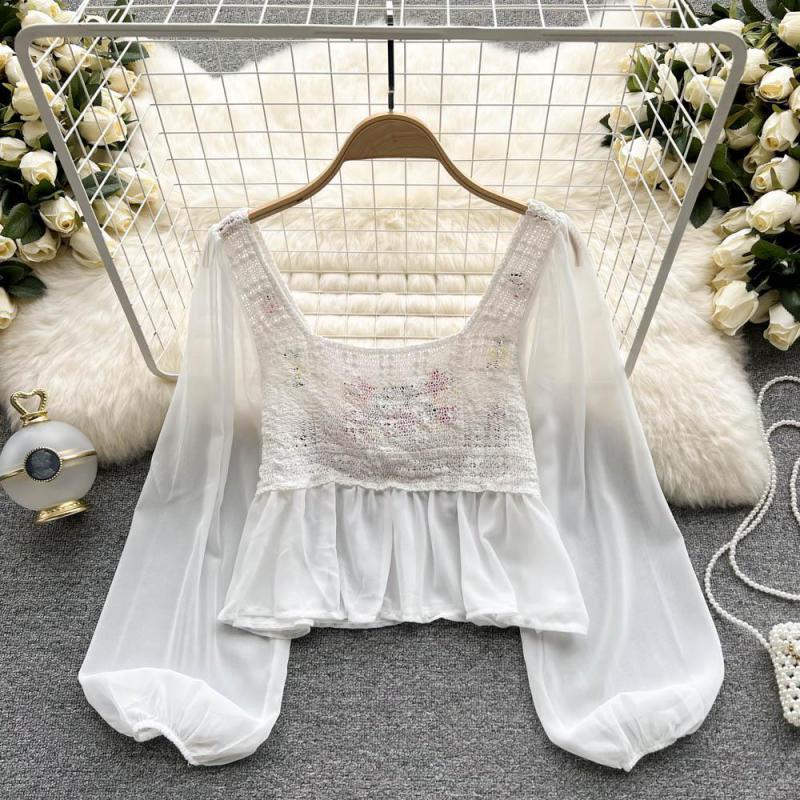 2022 Spring Summer Temperament Womens Tops And Blouses Square Neck Long Sleeve Chiffon Hollow Embroidery Ladies Polo Shirts