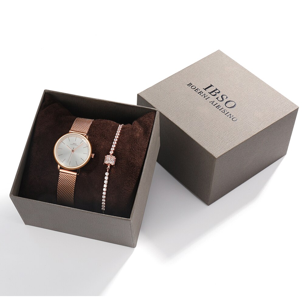 IBSO – ensemble de montres Ultra fines pour femmes, 8mm, maille or Rose, bracelet en acier inoxydable, à Quartz, horloge, pour dames: 3626 set 2