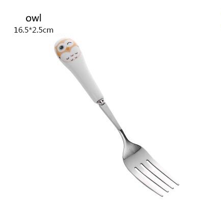 Tenedor con dibujo de gato con mango largo de acero inoxidable, cuchara agitadora, fruta, tenedor, cuchara café, mango de cerámica, 1 ud.: owl