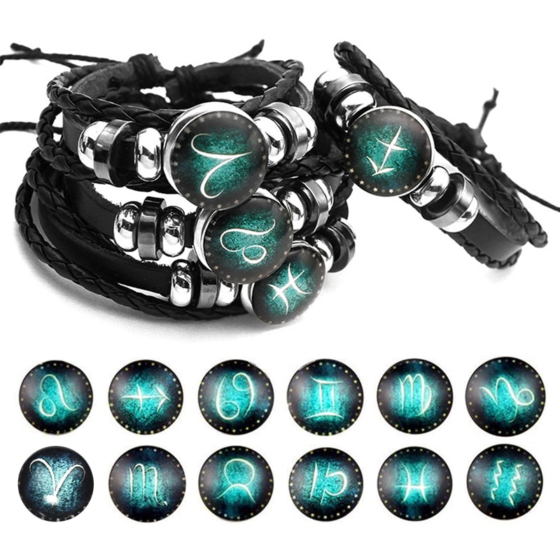 Lichtgevende 12 Sterrenbeelden Lederen Armband Zodiac Teken Met Kralen Charm Gevlochten Armbanden Punk Voor Jongens Mannen Sieraden Accessoires