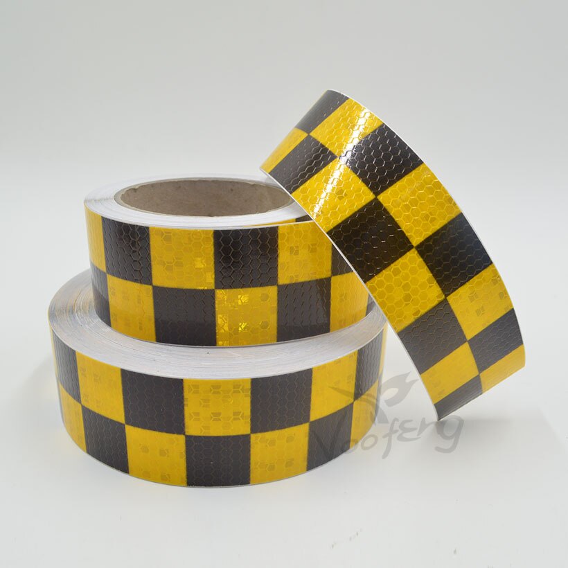 5 cmx 5m skinnende gul sort farve firkantet selvklæbende reflekterende advarselstape til kropsskilte