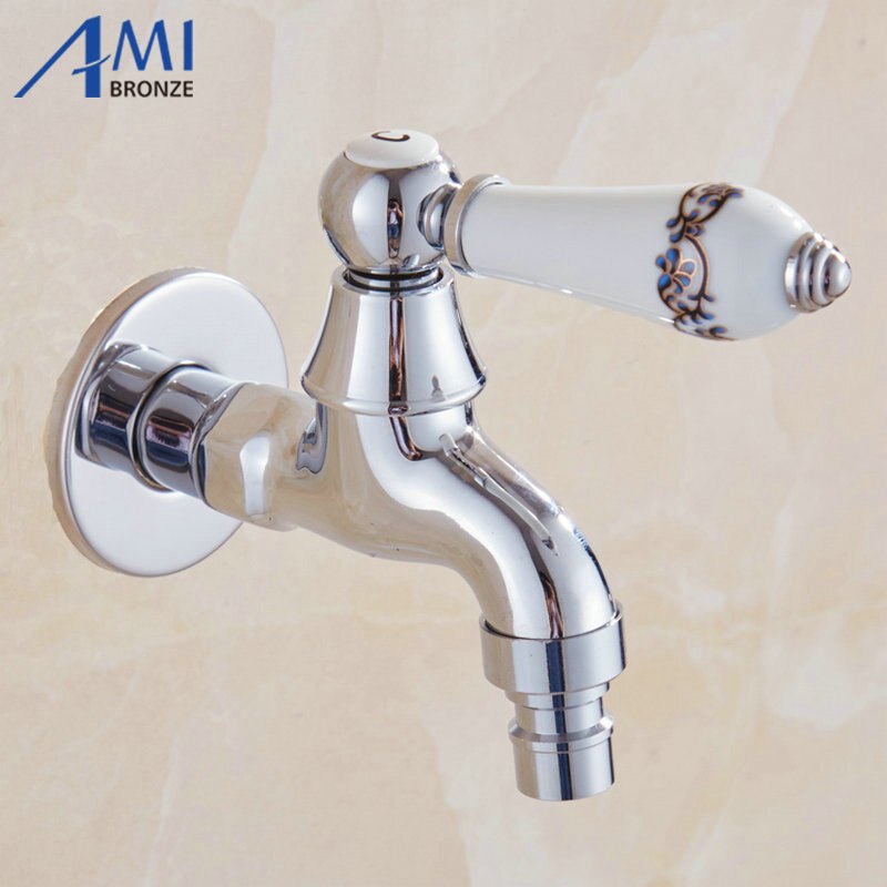 Chrome Polish Copper Faucet Porcelian/Jade Handle Garden Bibcock Washing Machine Faucet Outdoor Faucet Single Cold Tap 1015C