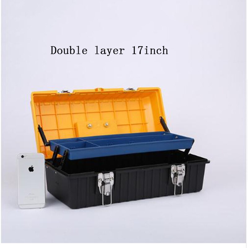 Portable Plastic Toolbox Multifunctional Household Hardware Hand Tools Repair Tool Box Car PP Storage Tool Electrical Toolkit: Double layer-17inch