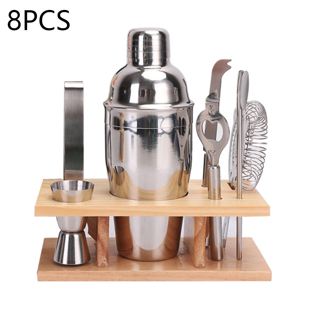 Cocktail Shaker Bartender Kit Stainless Steel Wine Drink Mixer Bartender Tool with Wooden Stand for Home Bar Party: 8pcs