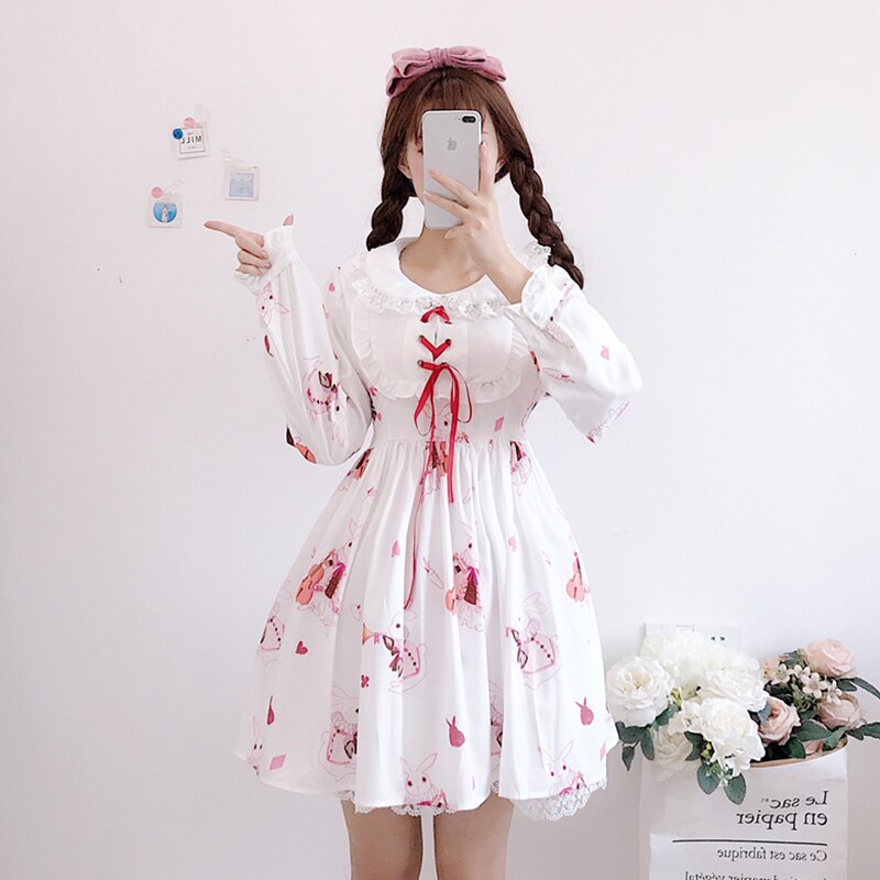 Lolita jurk, schattig konijnenprintje, schattige japanse kawaii meisjes, prinsessenmeisje, vintage gotische printpatronen, kant, wit, rood jurkje