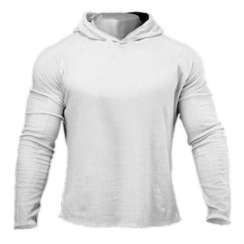 Ropa de gimnasio de Color sólido, camiseta ajustada de manga larga con capucha, Sudadera con capucha transpirable de algodón, ropa deportiva muscular para culturismo y Fitness para hombre: M / Blanco