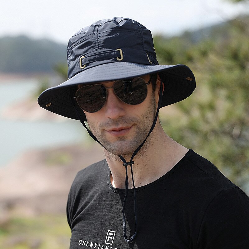 Sombrero de pesca para montañismo al aire libre para hombre, gorra de cubo de secado rápido, plegable, de rana, protección solar: Black