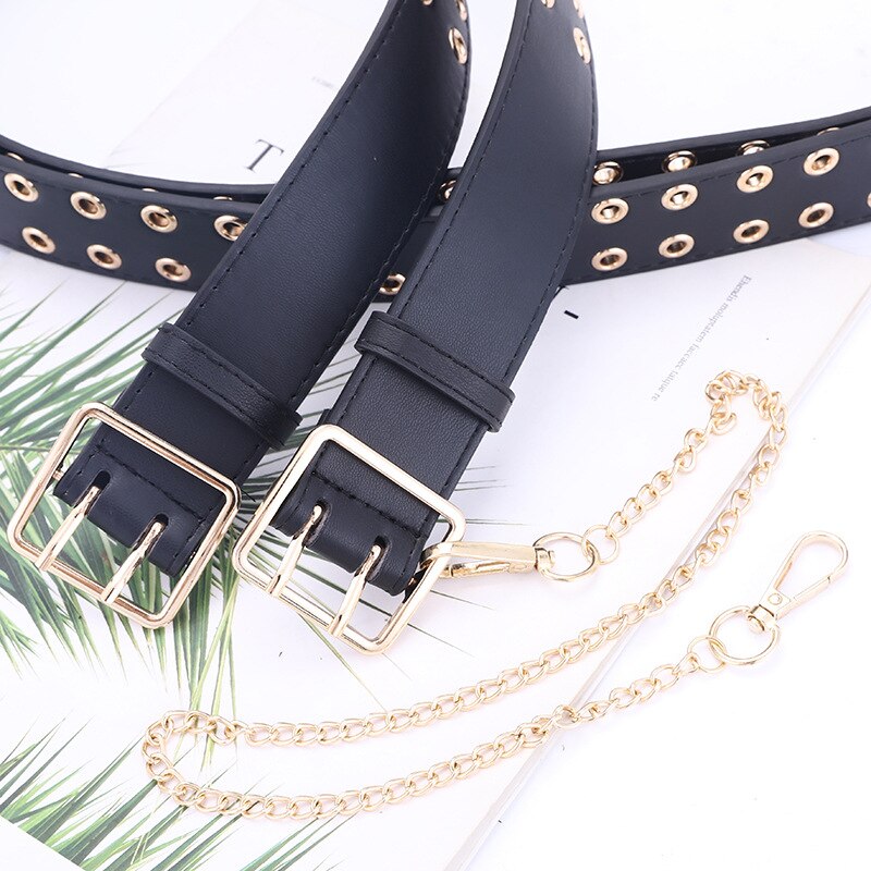 Gold Metal Double Pin Buckle Chain Women Belt PU Leather Punk Luxury Brand Waist Strap Belts for Jeans