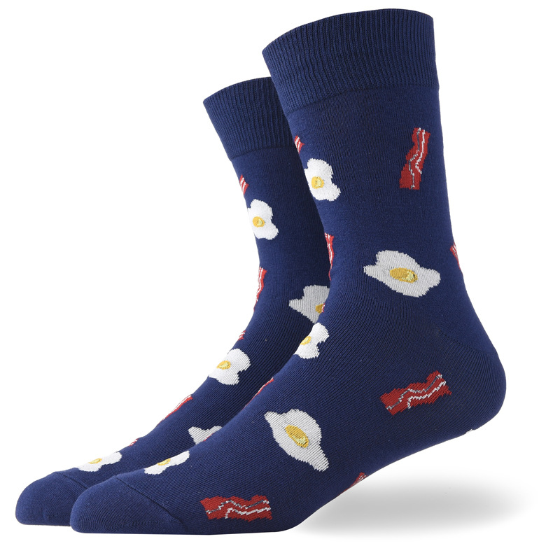 Calcetines divertidos de algodón peinado para hombre y mujer, medias con diseños divertidos, desayuno, cerveza, patatas fritas, Bacon, plátano, huevos fritos, comida, dibujos animados: Azul marino