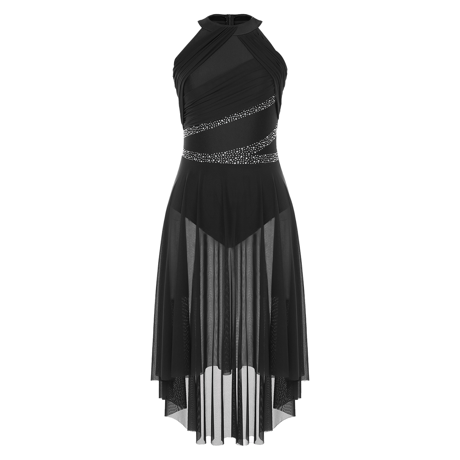 Womens Modern Lyrical Dance Dress High-Low Tulle Rhinestone Ballet Gymnastics Leotards Figure Skating Performance Costume