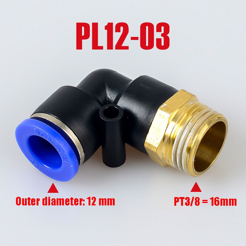 Pl pneumaattinen liitin 4mm-12mm letku  od 1/8 " 1/4 " 3/8 " 1/2 " uros pneumaattinen kierre putki kulmaliitin putki ilma työnnetään sisään: Pl12-03
