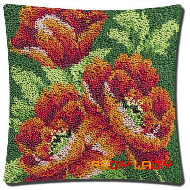 Latch Hook Cushion Poppy & Roses Pillow Case Crochet Crafts Acrylic Yarn for Embroidery Sofa Bed Cushion Cover Home Decoration: BZ834