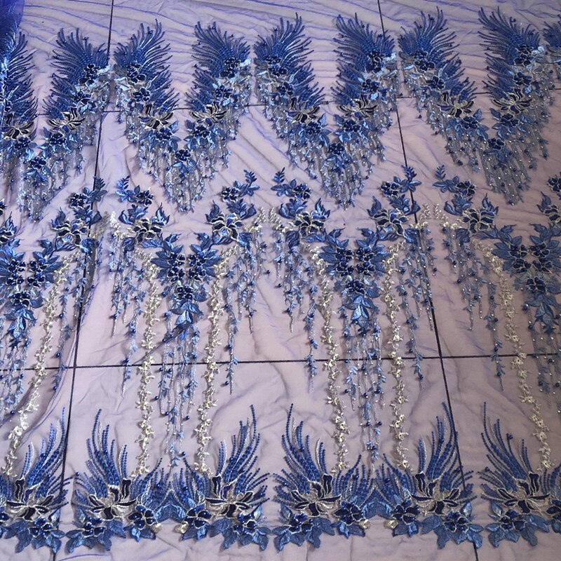 Saskia 1 yard perlebroderi stof afrikansk blonder mesh net stof materiale syning til brudekjole tøj blomst stof diy: Kongeblå