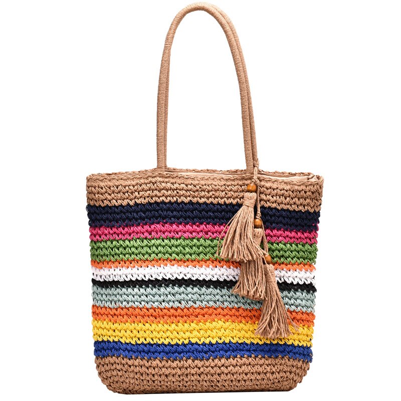 Contrast color Straw Tote bag Summer Women's Handbag High capacity Shopping Shoulder bag Beach Travel bag