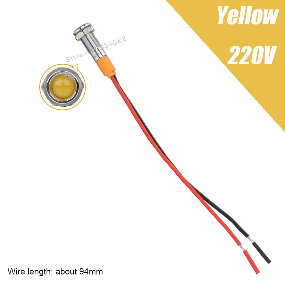 6mm Metal Indicator light LED Signal Lamp Warning light with Wire 6V 12V 24V 220V 110V Red yellow green blue white Waterproof: 220v Yellow