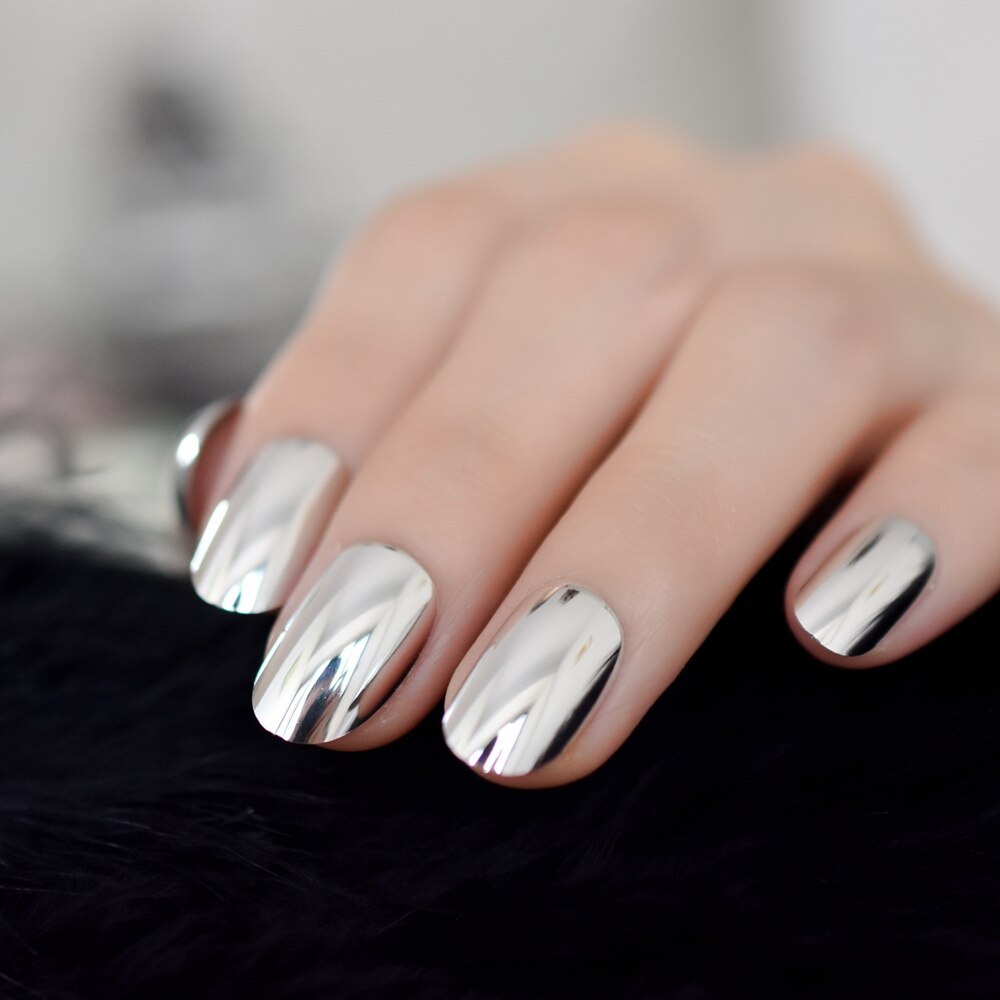 24pcs Zilver Medium Kunstmatige Volledige Gebogen Nail Metal Oval Meisjes Nep Nagels Spiegel Koele Valse Nagel Met Lijm Sticker