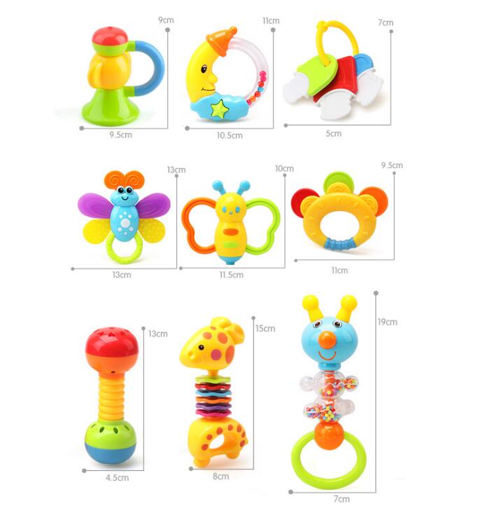 9 teile/satz Baby Rasseln BeißRing, Ball Shaker, Greifen und Dreh Rassel, beißRing Spielzeug Spielen einstellen für Baby Kleinkind Ungiftig Bunte tapsen