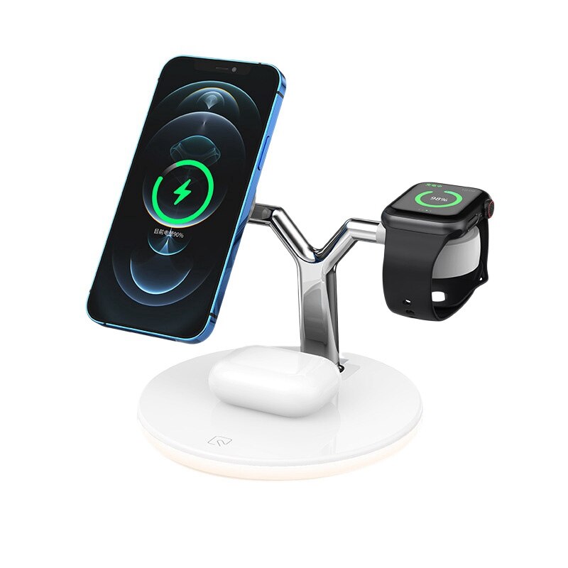 Wireless Charger, Type-C Interface 15W Three-In-One Wireless Charger for iPhone12 Mobile Phones, Samsung, Huawei: White