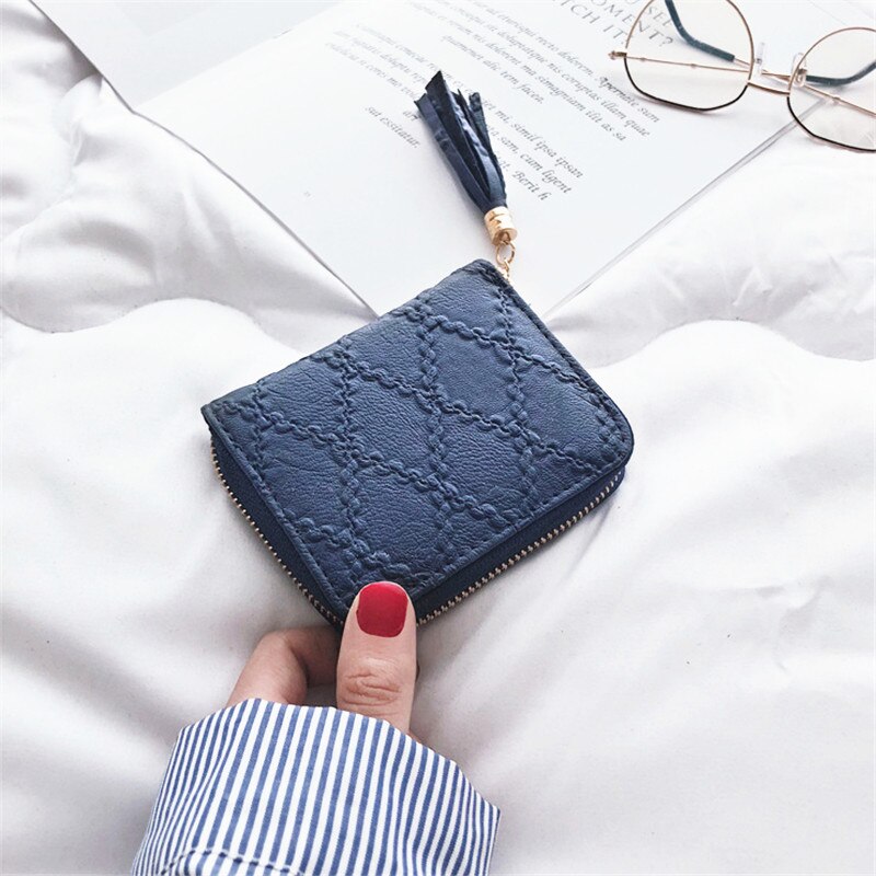 PURDORED 1 Pc Jahrgang Frauen Kurze Karte Halfter Quaste Dame Solide Geschäft Bank Karte fallen Kredit Ich würde Reisepass Abdeckung Karten brieftasche: Marine