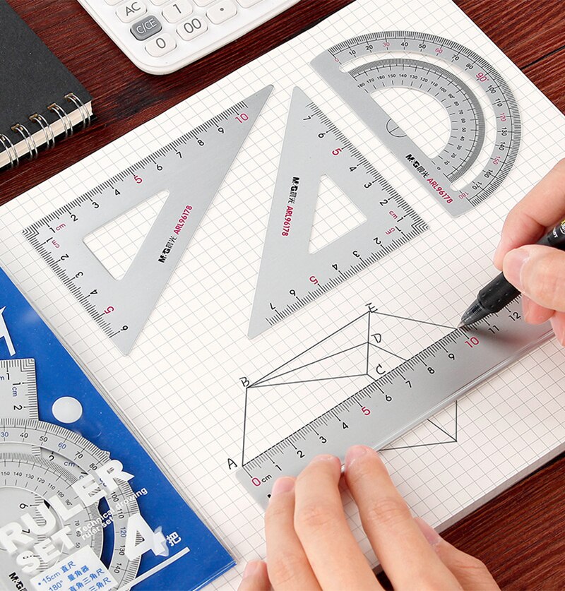Aluminium Alloy Ruler Set 4pcs ARL96178 Maths Drawing Metal Geometry Rulers 15cm Straightedge 45/60 Degree Triangle Protractor