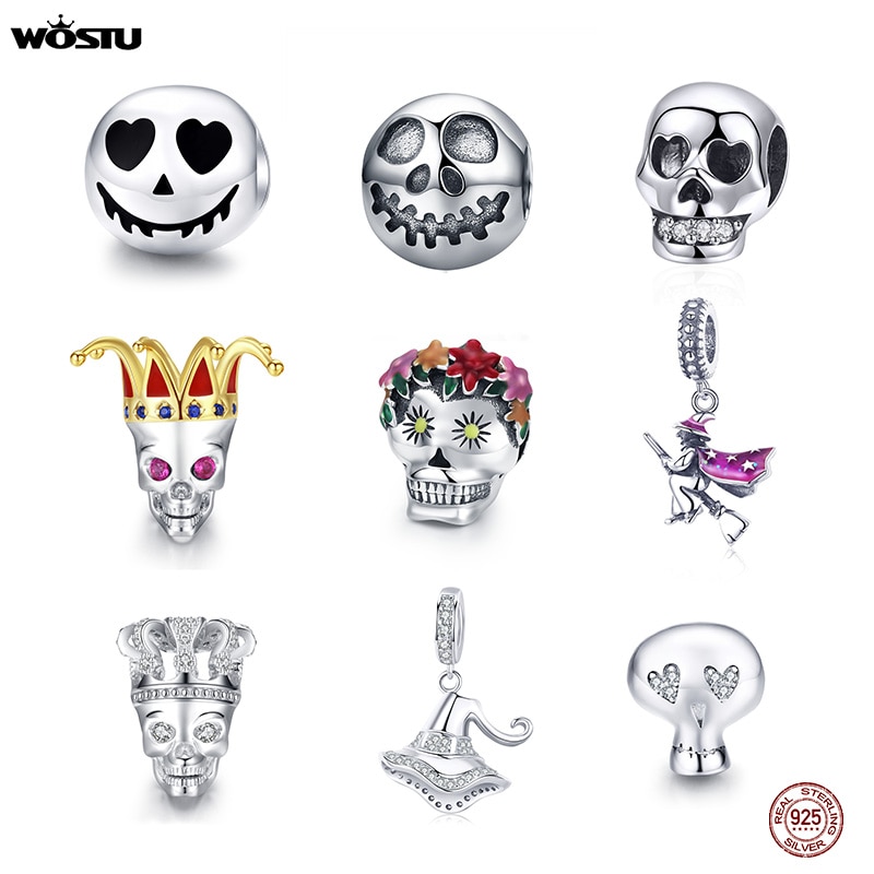 WOSTU Halloween koraliki 925 Sterling srebrna czaszka dynia magia przewodnik Charm Fit oryginalna bransoletka wisiorek straszne Party biżuteria