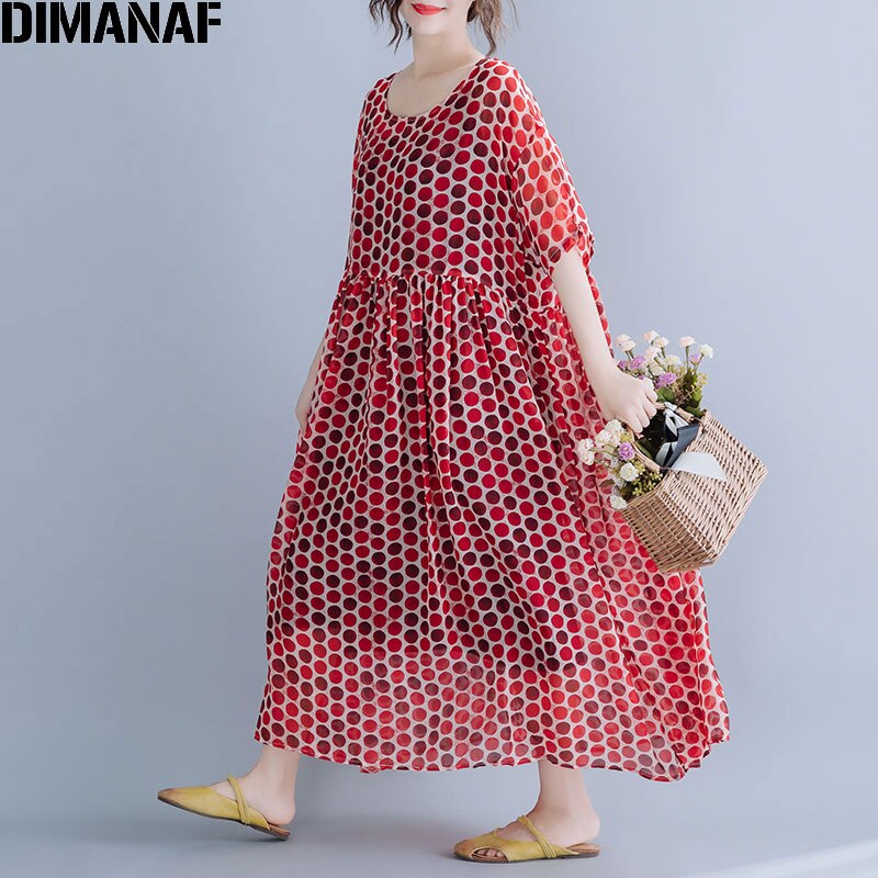 DIMANAF Plus Size Mulheres Polka Dot Vestido de Chiffon Estilo Praia Verão Férias Vestido de Verão Tamanho Grande Vestidos Soltos Vestidos de Impressão Feminino