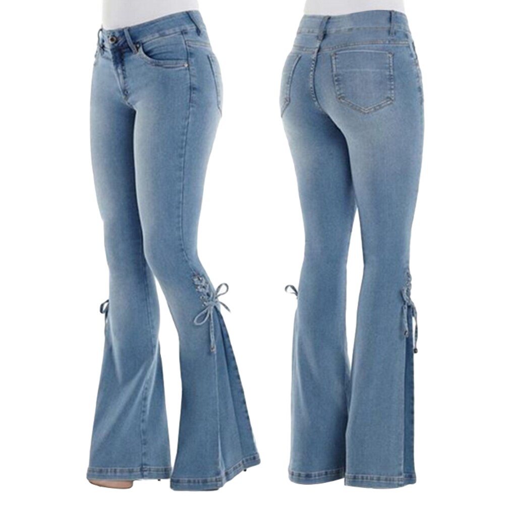 Grande taille Denim pantalon femmes Vintage Flare jean à lacets noeud maigre jambe large Denim pantalon Flare jean à lacets nœud jean moulant