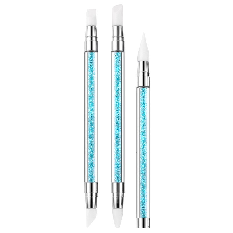 Nail Art Borstel Blauwe Diamant Set Met 3 Stuks Dubbele Siliconen Pen Hollow Tekening Pen Jun06