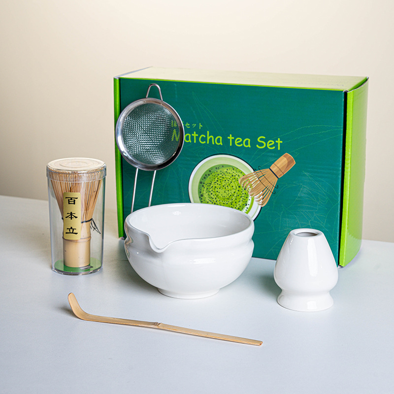 Ensemble Matcha japonais fait à la main, bol à encoche facile à nettoyer, fouet en bambou, cuillère à café, ensembles à thé, outils de préparation du thé, accessoires, 4 à 8 pièces/ensemble: vert militaire