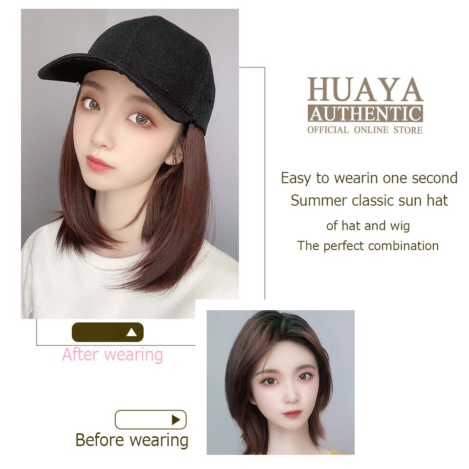 HUAYA Short Straight Hat wig Synthetic Baseball Cap Hair Wig Natural Black Wigs Connect Synthetic Hat Wig Adjustable For Girl