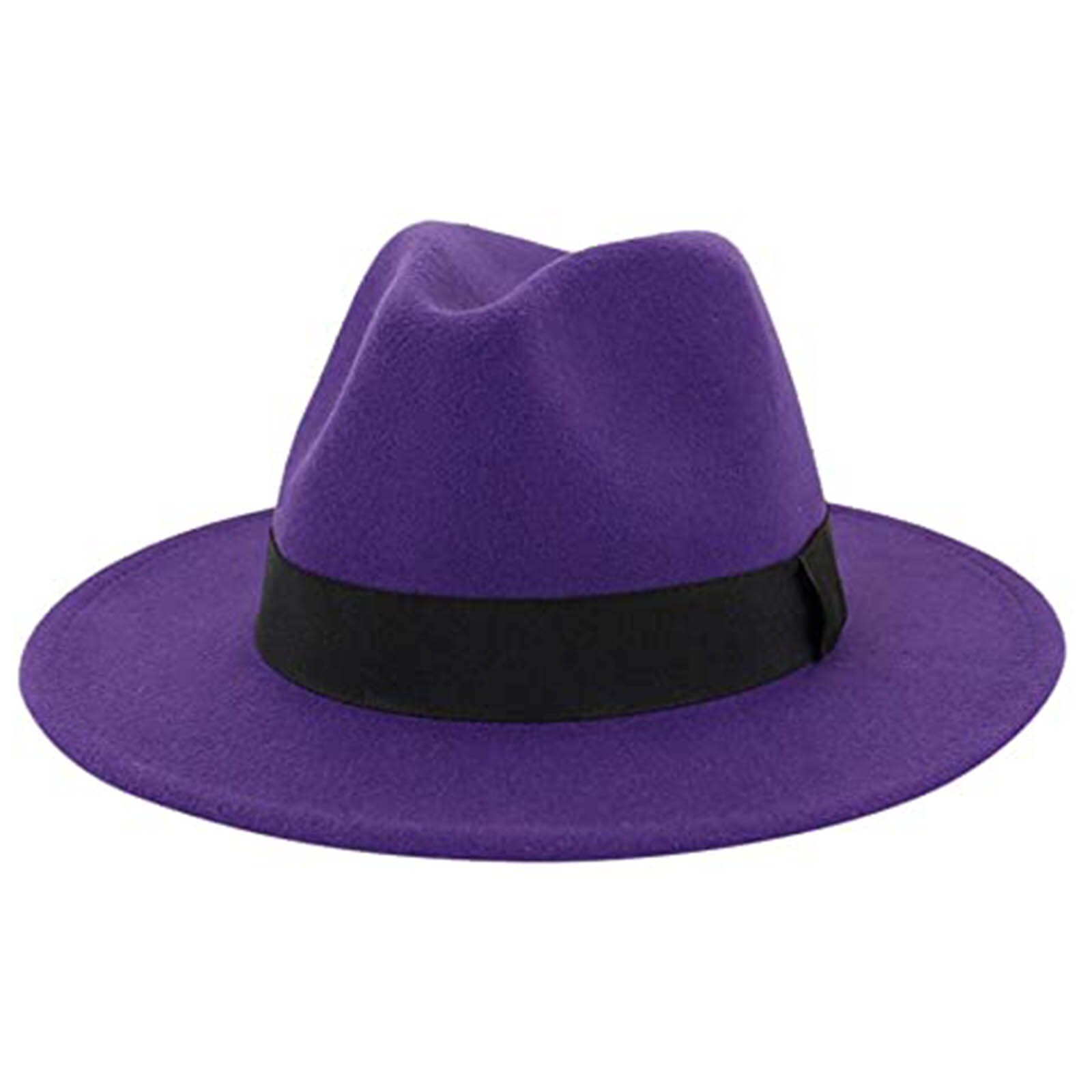 Women's Stylish Top Hat Crushable Wool Felt Outback Hat British Style Headgear Wide Brim Belt Cap AIC88: purple