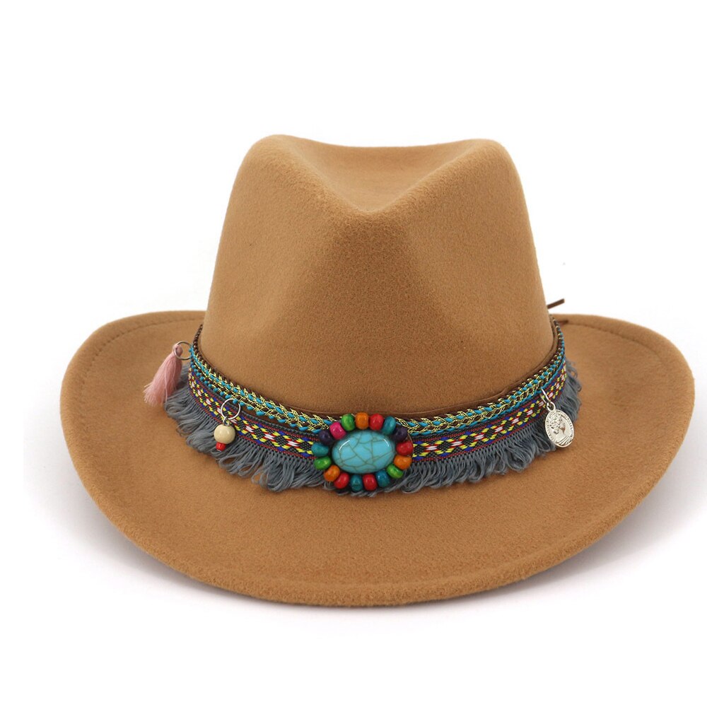 Women Wool Western Cowboy Hat With Tassel Ribbon Wide Brim Jazz Hat Sombrero Hombre Hat: Light Coffee