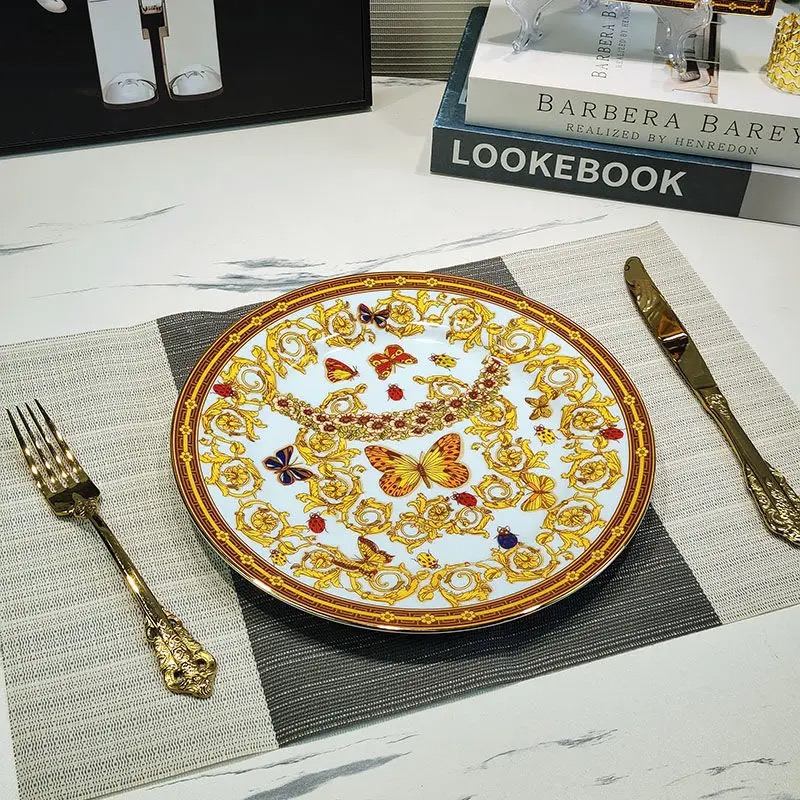 European Butterfly Tableware Set, Steak Plate, Noodle Bowl, Soup Bowl, Rice Bowl, Spoon Decoration,: Blue