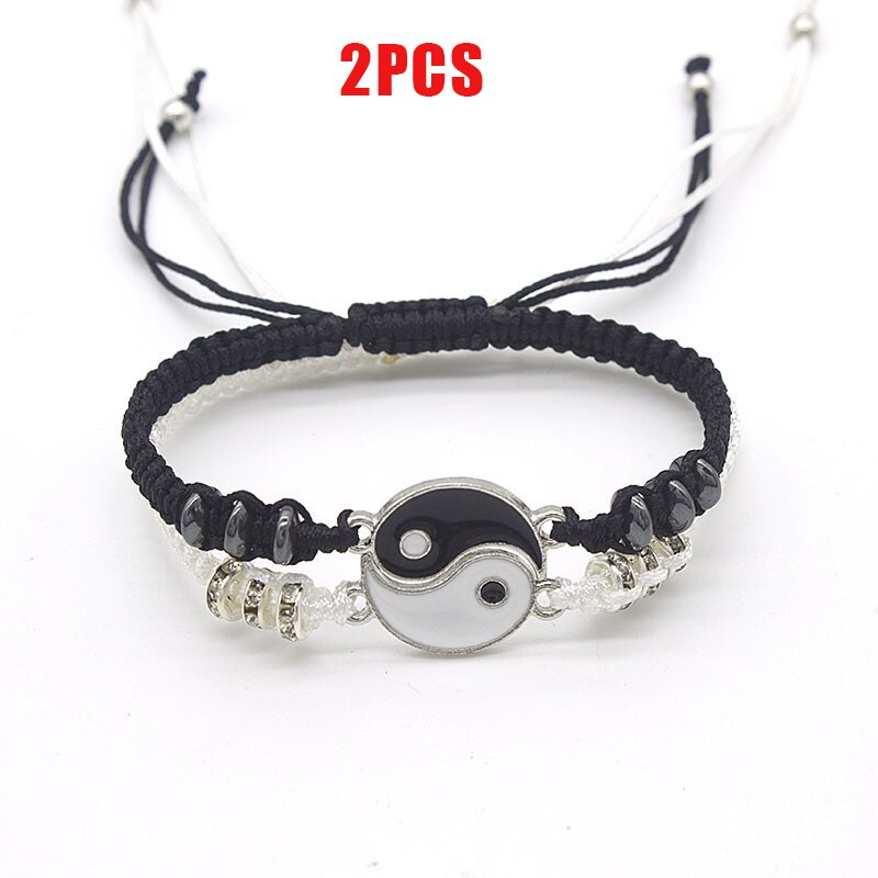 Set di collane per bracciali coppia Tai Chi cinese Fengshui porta fortuna cordoncino di cuoio bracciale intrecciato ciondolo in lega regalo braccialetto intrecciato: Silver Color