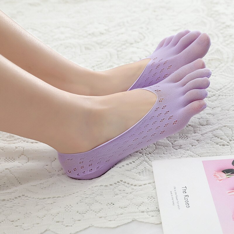 Calcetines de Yoga transpirables de cinco dedos para mujer, medias de malla ultrafinas, invisibles, de boca baja, de verano: Purple