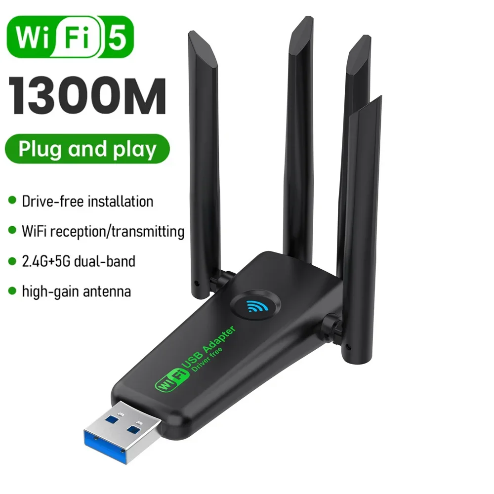 1300Mbps USB WiFi Adapter 2in1 Dongle Dual Band 2.4G&5GHz WiFi 5 Network Wireless Receiver DRIVER FREE: Gold