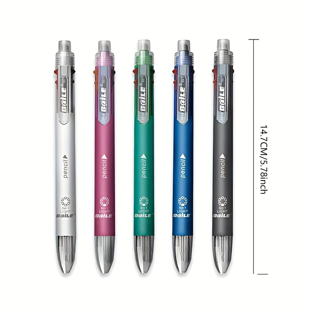 5pcs Multi-colour 6 in 1 Ballpoint Pen Set Multifunction Ball Pen and 1 Automatic Pencil Writing Supplies Stationery