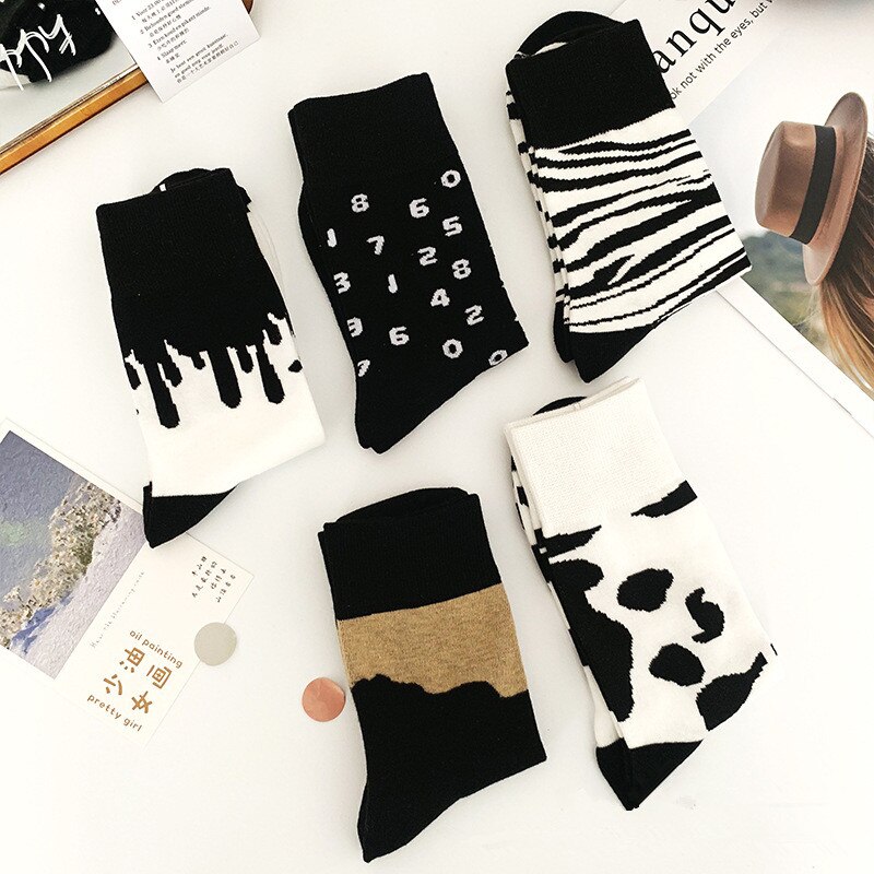 Harajuku Kawaii Noir Blanc Mignon Chaussettes Femmes Laitiers Zèbre Motif Doux Respirant Coton Longues Chaussettes Hauteur de Cheville Chaussettes Décontractées