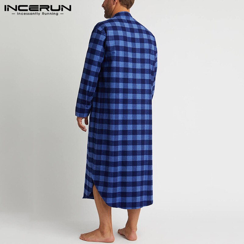 Man Loose Buttons Sleepwear Casual Lattice Homewear INCERUN Men Plaid Sleep Robes Long Sleeve Stand Collar Nightgown 5XL