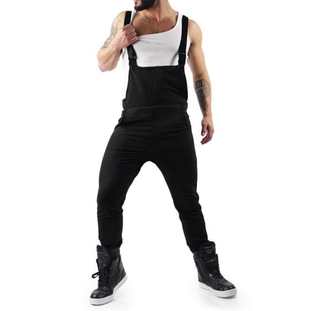 Efterår mænd lange bukser jumpsuits street overalls herre selebukser casual solide ærmeløse overalls jumpsuits: Sort / Xxl